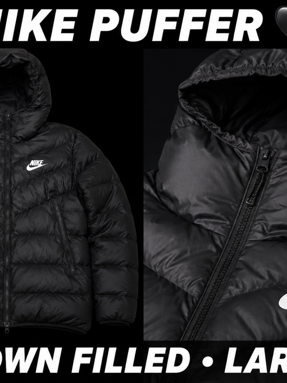 Nike Down Puffer Jacket Mens Large Black Hooded Winter Coat Swoosh